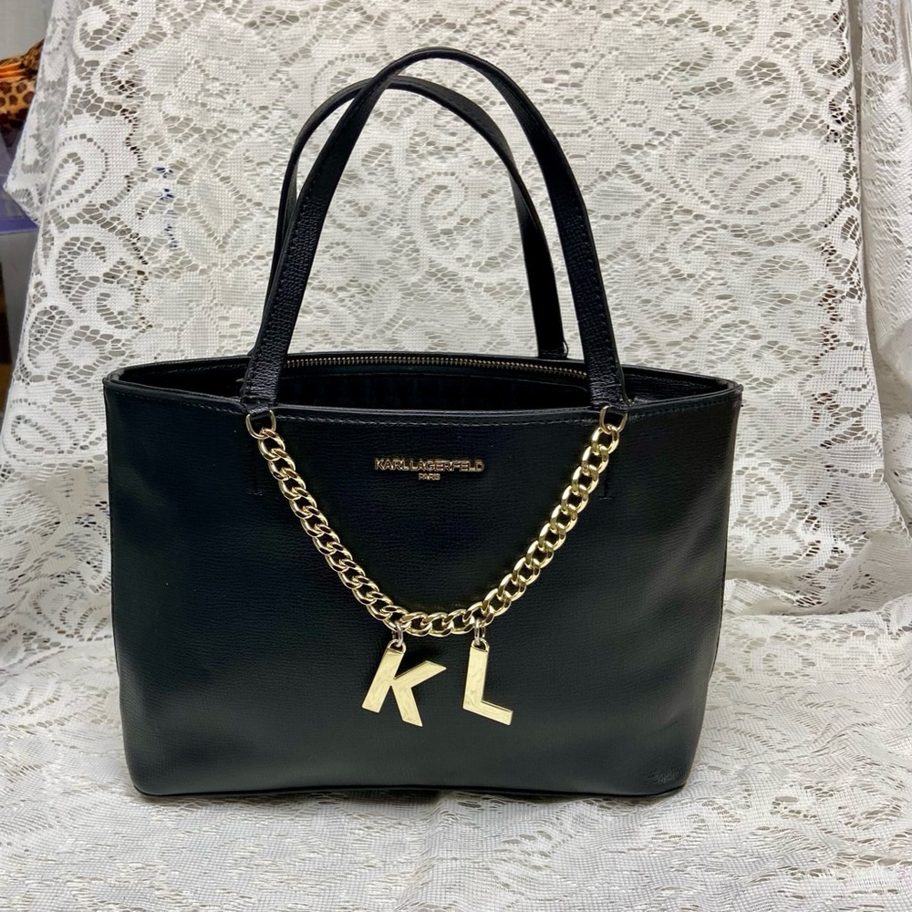 Karl Lagerfeld Black- Satchel Handbag with KL Charms 9inx6inx3in